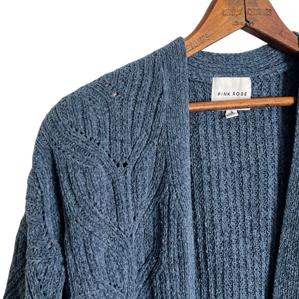 Pink Rose Open Front Cable Knit Pocket Cardigan Sweater Slate Blue Size Small - Picture 4 of 9